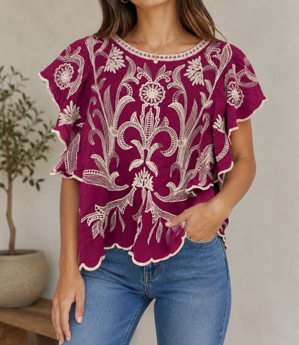 Solitaire Embroidered Flutter Sleeve Blouse Magenta White Small EUC